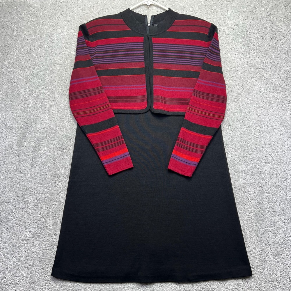 Liz Claiborne Dress Womens LL Black Red Purple Striped Knit Wool Blend Mock Neck